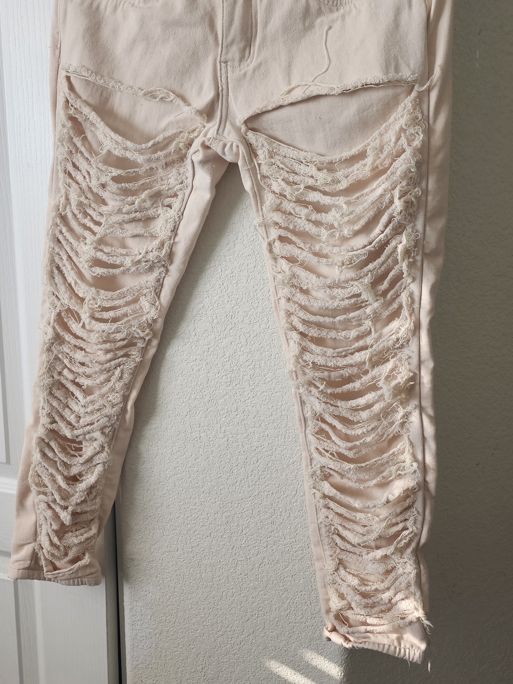 Women's Blush Distressed Lace-Strip Jeans